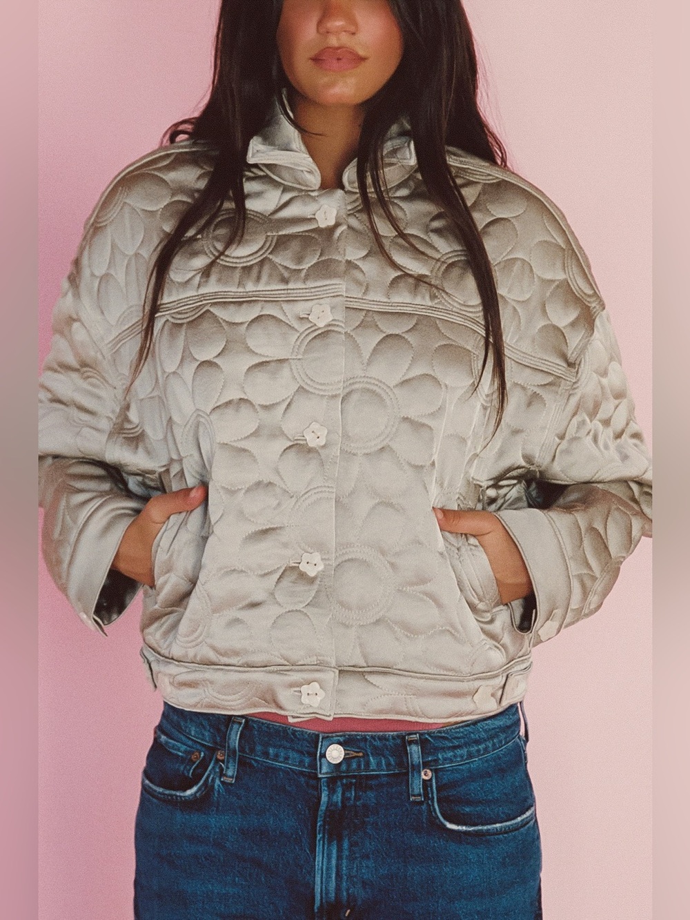 NWT SKATIE VENICE SIZE M QUILTED BOMBER JACKET DAISY SATIN GREEN‎ FLORAL